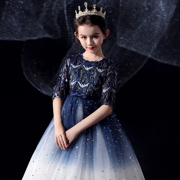 Chic / Beautiful Royal Blue Gradient-Color White Birthday Flower Girl Dresses 2020 Ball Gown Scoop Neck 1/2 Sleeves Bow Sash Sequins Tassel Tea-length Ruffle