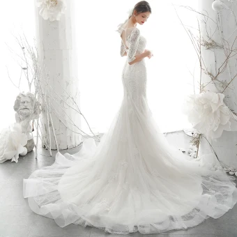 Élégant Ivoire Transparentes La Mariée Robe De Mariée 2020 Trompette Sirène Encolure Dégagée 1 2 Manches Dos Nu Appliques En Dentelle Perlage Tribunal Train Volants