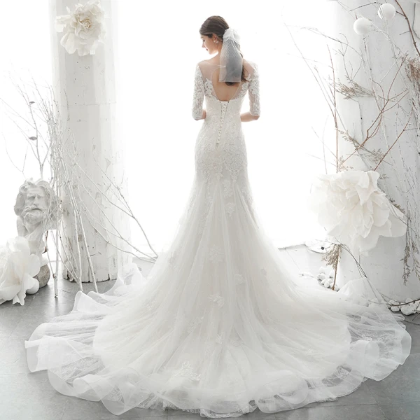 Elegant Ivory See-through Bridal Wedding Dresses 2020 Trumpet / Mermaid Scoop Neck 1/2 Sleeves Backless Appliques Lace Beading Court Train Ruffle