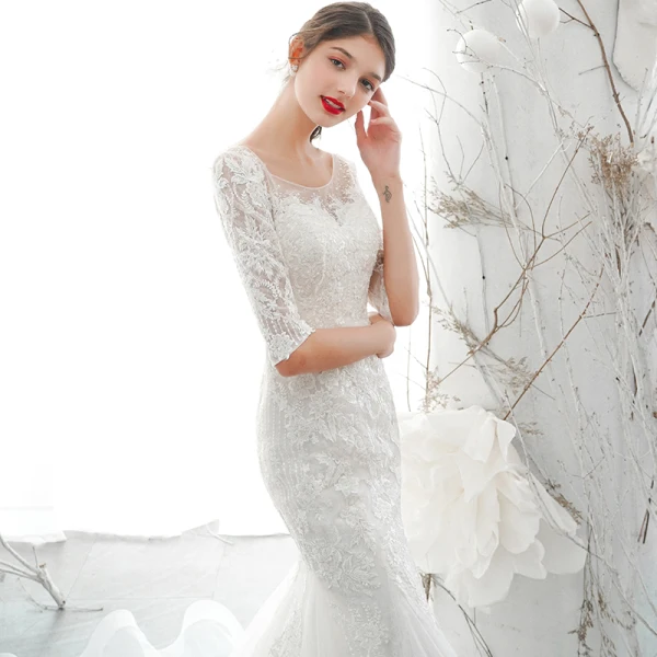 Elegant Ivory See-through Bridal Wedding Dresses 2020 Trumpet / Mermaid Scoop Neck 1/2 Sleeves Backless Appliques Lace Beading Court Train Ruffle