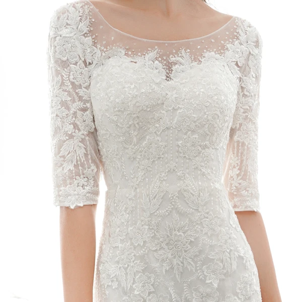 Elegant Ivory See-through Bridal Wedding Dresses 2020 Trumpet / Mermaid Scoop Neck 1/2 Sleeves Backless Appliques Lace Beading Court Train Ruffle