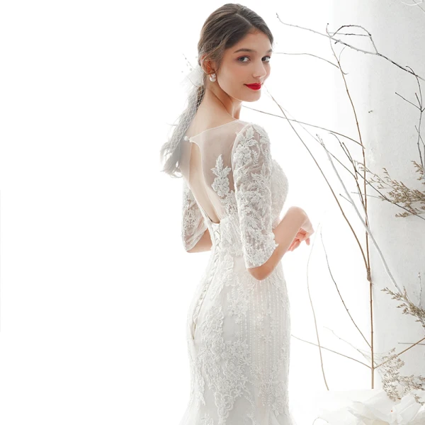 Elegant Ivory See-through Bridal Wedding Dresses 2020 Trumpet / Mermaid Scoop Neck 1/2 Sleeves Backless Appliques Lace Beading Court Train Ruffle