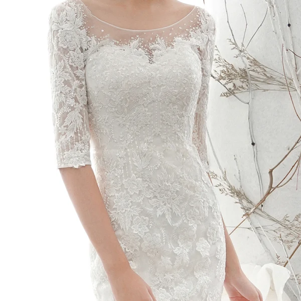 Elegant Ivory See-through Bridal Wedding Dresses 2020 Trumpet / Mermaid Scoop Neck 1/2 Sleeves Backless Appliques Lace Beading Court Train Ruffle