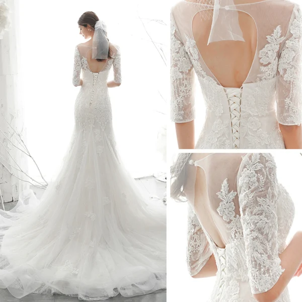 Elegant Ivory See-through Bridal Wedding Dresses 2020 Trumpet / Mermaid Scoop Neck 1/2 Sleeves Backless Appliques Lace Beading Court Train Ruffle