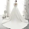 Vintage / Retro Ivory Satin Bridal Wedding Dresses 2020 Ball Gown Square Neckline 3/4 Sleeve Backless Beading Pearl Chapel Train Ruffle