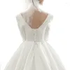 Vintage / Retro Ivory Satin Bridal Wedding Dresses 2020 Ball Gown Square Neckline 3/4 Sleeve Backless Beading Pearl Chapel Train Ruffle