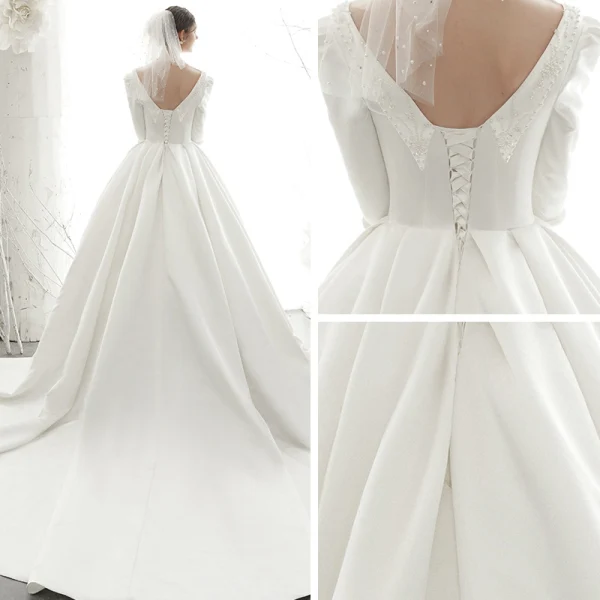 Vintage / Retro Ivory Satin Bridal Wedding Dresses 2020 Ball Gown Square Neckline 3/4 Sleeve Backless Beading Pearl Chapel Train Ruffle