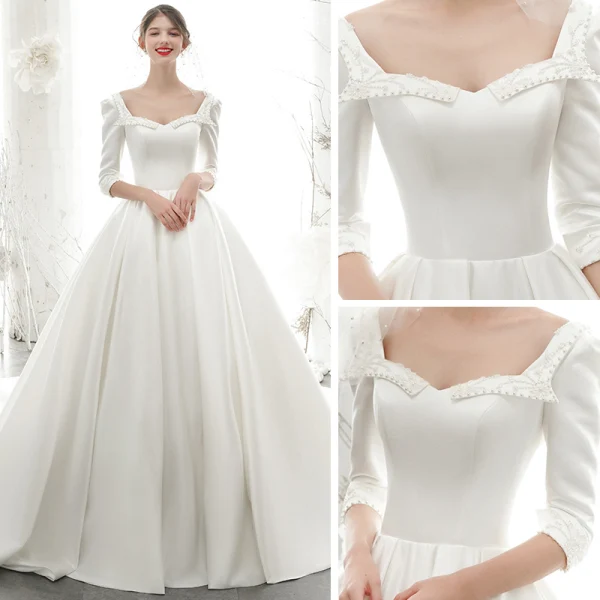 Vintage / Retro Ivory Satin Bridal Wedding Dresses 2020 Ball Gown Square Neckline 3/4 Sleeve Backless Beading Pearl Chapel Train Ruffle