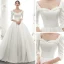 Vintage / Retro Ivory Satin Bridal Wedding Dresses 2020 Ball Gown Square Neckline 3/4 Sleeve Backless Beading Pearl Chapel Train Ruffle