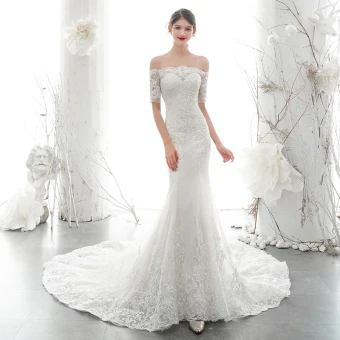 Élégant Ivoire La Mariée Robe De Mariée 2020 Trompette Sirène De L 039 Épaule 1 2 Manches Dos Nu Appliques En Dentelle Perlage Chapel Train Volants