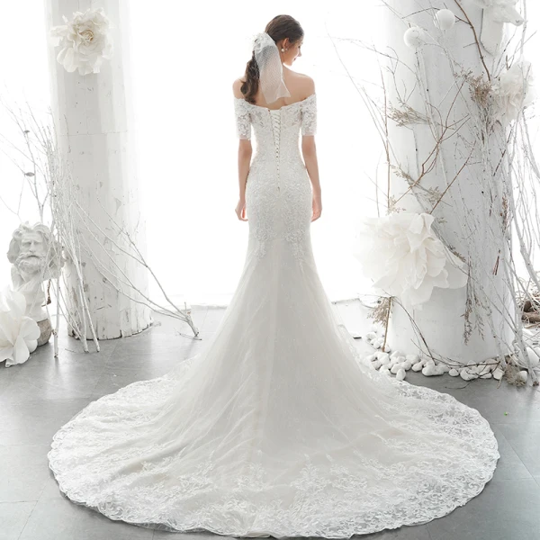 Elegant Ivory Bridal Wedding Dresses 2020 Trumpet / Mermaid Off-The-Shoulder 1/2 Sleeves Backless Appliques Lace Beading Chapel Train Ruffle
