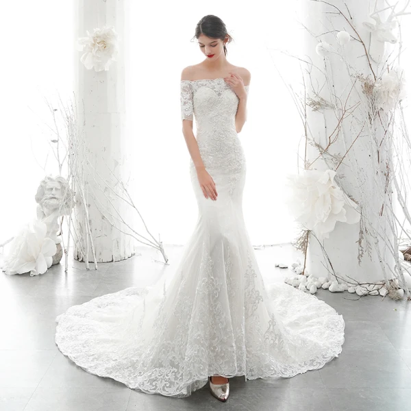 Elegant Ivory Bridal Wedding Dresses 2020 Trumpet / Mermaid Off-The-Shoulder 1/2 Sleeves Backless Appliques Lace Beading Chapel Train Ruffle