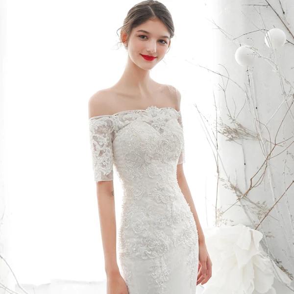 Elegant Ivory Bridal Wedding Dresses 2020 Trumpet / Mermaid Off-The-Shoulder 1/2 Sleeves Backless Appliques Lace Beading Chapel Train Ruffle