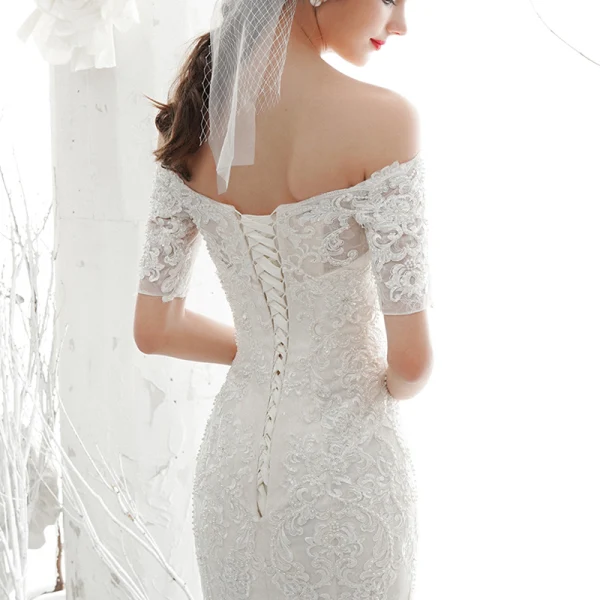 Elegant Ivory Bridal Wedding Dresses 2020 Trumpet / Mermaid Off-The-Shoulder 1/2 Sleeves Backless Appliques Lace Beading Chapel Train Ruffle