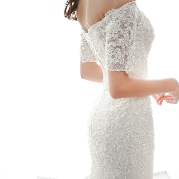 Elegant Ivory Bridal Wedding Dresses 2020 Trumpet / Mermaid Off-The-Shoulder 1/2 Sleeves Backless Appliques Lace Beading Chapel Train Ruffle