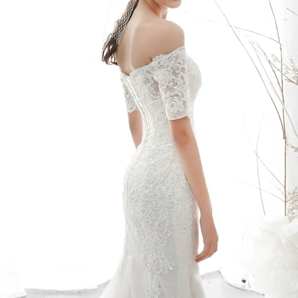 Elegant Ivory Bridal Wedding Dresses 2020 Trumpet / Mermaid Off-The-Shoulder 1/2 Sleeves Backless Appliques Lace Beading Chapel Train Ruffle