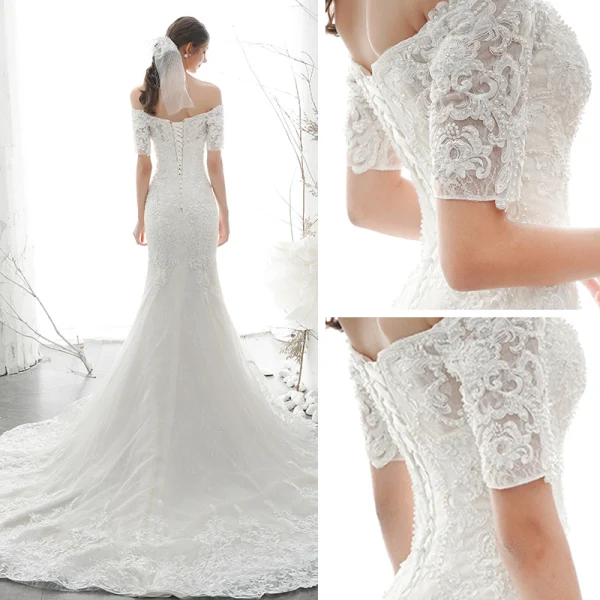 Elegant Ivory Bridal Wedding Dresses 2020 Trumpet / Mermaid Off-The-Shoulder 1/2 Sleeves Backless Appliques Lace Beading Chapel Train Ruffle