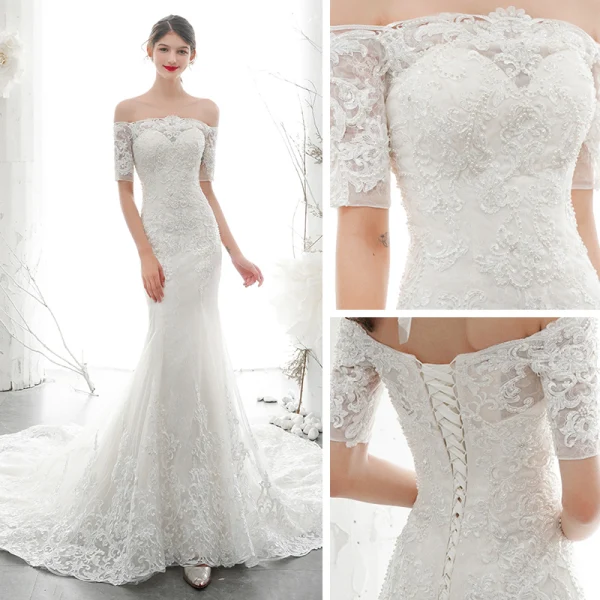 Elegant Ivory Bridal Wedding Dresses 2020 Trumpet / Mermaid Off-The-Shoulder 1/2 Sleeves Backless Appliques Lace Beading Chapel Train Ruffle
