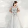 High-end Grey Evening Dresses  2020 A-Line / Princess Shoulders Sleeveless Appliques Beading Sequins Sweep Train Ruffle Backless Formal Dresses