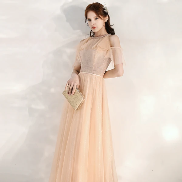 Chic / Beautiful Champagne Evening Dresses 2020 A-Line / Princess Scoop Neck Short Sleeve Beading Sash Glitter Tulle Floor-Length / Long Ruffle Backless Formal Dresses