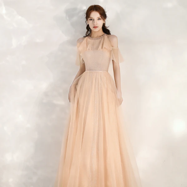 Chic / Beautiful Champagne Evening Dresses 2020 A-Line / Princess Scoop Neck Short Sleeve Beading Sash Glitter Tulle Floor-Length / Long Ruffle Backless Formal Dresses