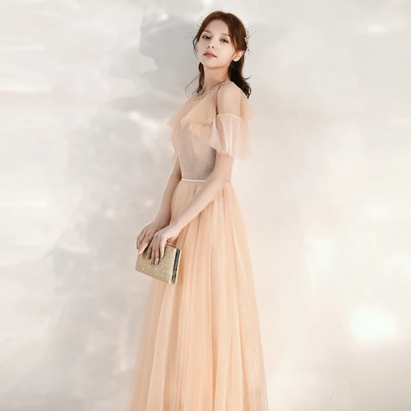 Chic / Beautiful Champagne Evening Dresses 2020 A-Line / Princess Scoop Neck Short Sleeve Beading Sash Glitter Tulle Floor-Length / Long Ruffle Backless Formal Dresses