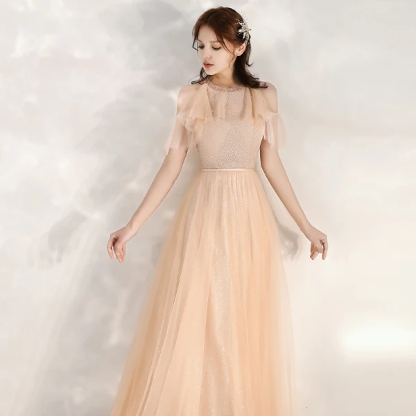 Chic / Beautiful Champagne Evening Dresses 2020 A-Line / Princess Scoop Neck Short Sleeve Beading Sash Glitter Tulle Floor-Length / Long Ruffle Backless Formal Dresses