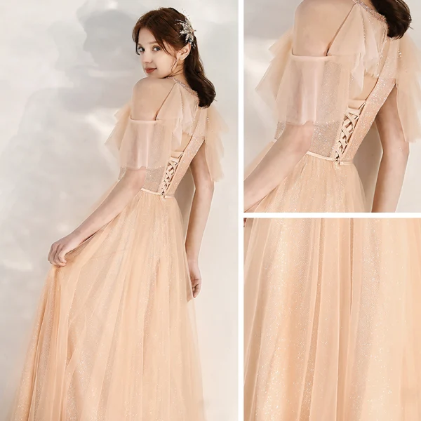 Chic / Beautiful Champagne Evening Dresses 2020 A-Line / Princess Scoop Neck Short Sleeve Beading Sash Glitter Tulle Floor-Length / Long Ruffle Backless Formal Dresses