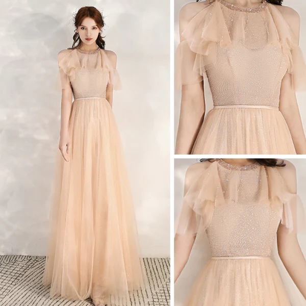 Chic / Beautiful Champagne Evening Dresses 2020 A-Line / Princess Scoop Neck Short Sleeve Beading Sash Glitter Tulle Floor-Length / Long Ruffle Backless Formal Dresses