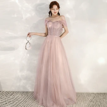 Chic Beautiful Pearl Pink Evening Dresses 2020 A Line Princess Shoulders Sleeveless Beading Sash Floor Length Long Ruffle Backless Formal Dresses