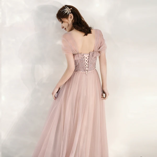 Chic / Beautiful Pearl Pink Evening Dresses  2020 A-Line / Princess Shoulders Sleeveless Beading Sash Floor-Length / Long Ruffle Backless Formal Dresses