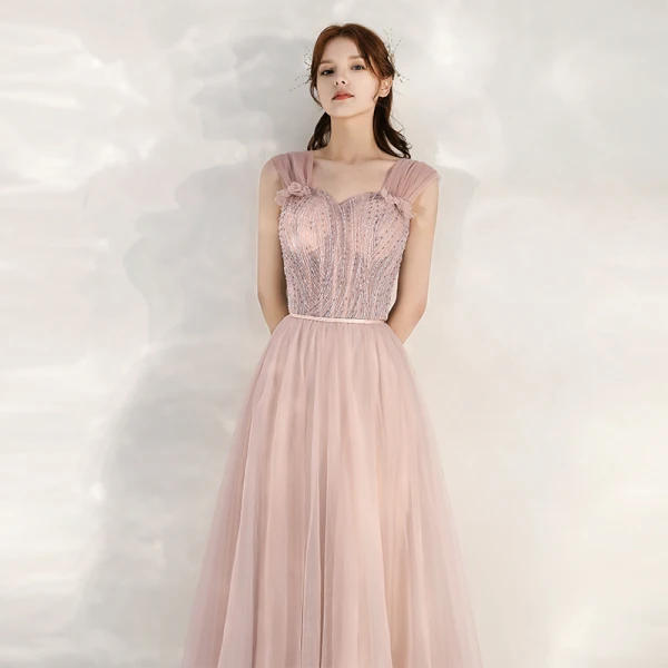 Chic / Beautiful Pearl Pink Evening Dresses  2020 A-Line / Princess Shoulders Sleeveless Beading Sash Floor-Length / Long Ruffle Backless Formal Dresses