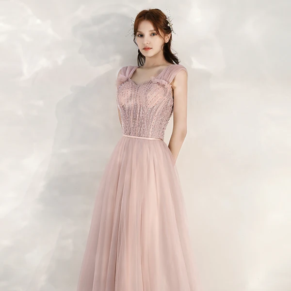 Chic / Beautiful Pearl Pink Evening Dresses  2020 A-Line / Princess Shoulders Sleeveless Beading Sash Floor-Length / Long Ruffle Backless Formal Dresses