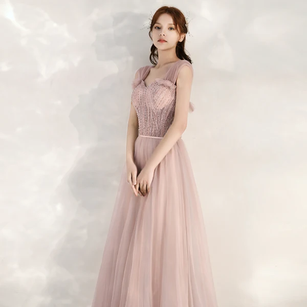 Chic / Beautiful Pearl Pink Evening Dresses  2020 A-Line / Princess Shoulders Sleeveless Beading Sash Floor-Length / Long Ruffle Backless Formal Dresses