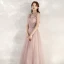Chic / Beautiful Pearl Pink Evening Dresses  2020 A-Line / Princess Shoulders Sleeveless Beading Sash Floor-Length / Long Ruffle Backless Formal Dresses