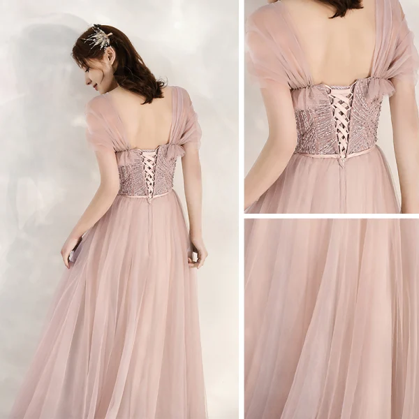 Chic / Beautiful Pearl Pink Evening Dresses  2020 A-Line / Princess Shoulders Sleeveless Beading Sash Floor-Length / Long Ruffle Backless Formal Dresses