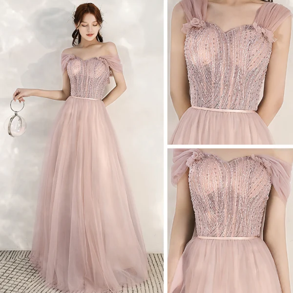 Chic / Beautiful Pearl Pink Evening Dresses  2020 A-Line / Princess Shoulders Sleeveless Beading Sash Floor-Length / Long Ruffle Backless Formal Dresses
