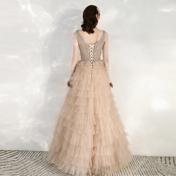 Chic / Belle Kaki Robe De Soirée 2020 Princesse Transparentes Col v profond Sans Manches Perlage Longue Volants en Cascade Dos Nu Robe De Ceremonie