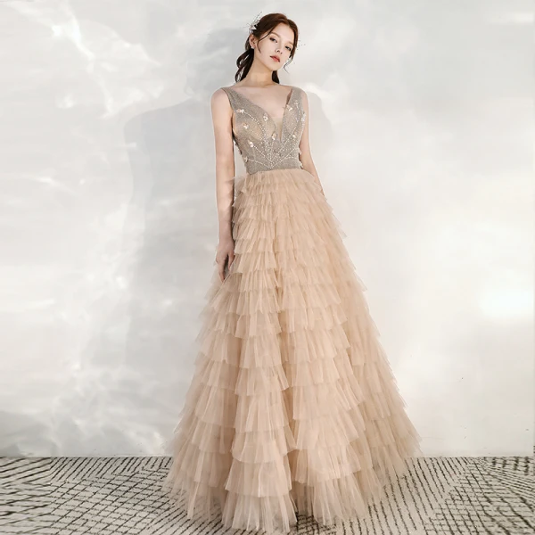 Chic / Belle Kaki Robe De Soirée 2020 Princesse Transparentes Col v profond Sans Manches Perlage Longue Volants en Cascade Dos Nu Robe De Ceremonie
