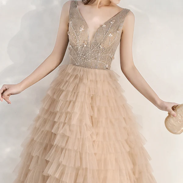 Chic / Belle Kaki Robe De Soirée 2020 Princesse Transparentes Col v profond Sans Manches Perlage Longue Volants en Cascade Dos Nu Robe De Ceremonie