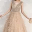 Chic / Belle Kaki Robe De Soirée 2020 Princesse Transparentes Col v profond Sans Manches Perlage Longue Volants en Cascade Dos Nu Robe De Ceremonie