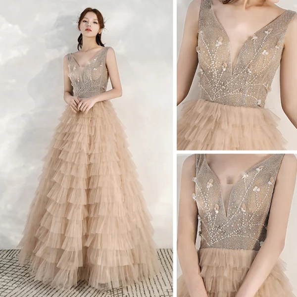Chic / Belle Kaki Robe De Soirée 2020 Princesse Transparentes Col v profond Sans Manches Perlage Longue Volants en Cascade Dos Nu Robe De Ceremonie