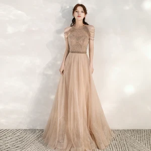 Élégant Doré Robe De Soirée 2020 Princesse Encolure Dégagée Sans Manches Perlage Glitter Tulle Longue Volants Dos Nu Robe De Ceremonie