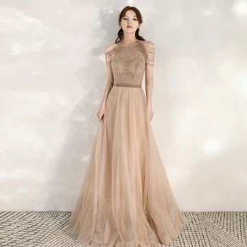 Élégant Doré Robe De Soirée 2020 Princesse Encolure Dégagée Sans Manches Perlage Glitter Tulle Longue Volants Dos Nu Robe De Ceremonie