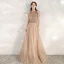 Elegant Gold Evening Dresses  2020 A-Line / Princess Scoop Neck Sleeveless Beading Glitter Tulle Floor-Length / Long Ruffle Backless Formal Dresses