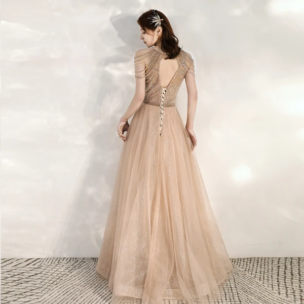 Elegant Gold Evening Dresses  2020 A-Line / Princess Scoop Neck Sleeveless Beading Glitter Tulle Floor-Length / Long Ruffle Backless Formal Dresses