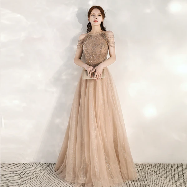 Elegant Gold Evening Dresses  2020 A-Line / Princess Scoop Neck Sleeveless Beading Glitter Tulle Floor-Length / Long Ruffle Backless Formal Dresses