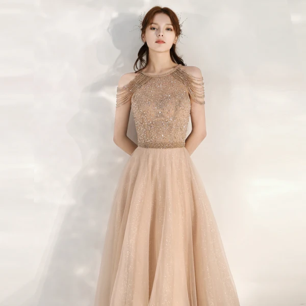 Elegant Gold Evening Dresses  2020 A-Line / Princess Scoop Neck Sleeveless Beading Glitter Tulle Floor-Length / Long Ruffle Backless Formal Dresses