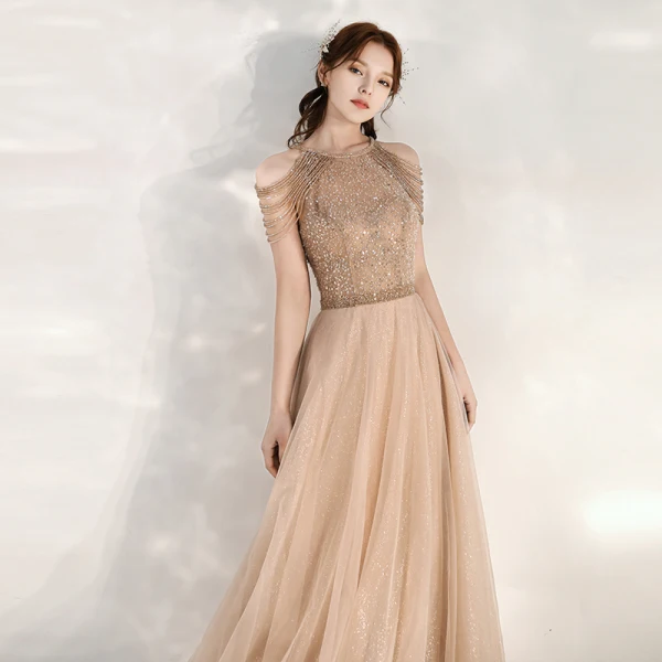 Elegant Gold Evening Dresses  2020 A-Line / Princess Scoop Neck Sleeveless Beading Glitter Tulle Floor-Length / Long Ruffle Backless Formal Dresses