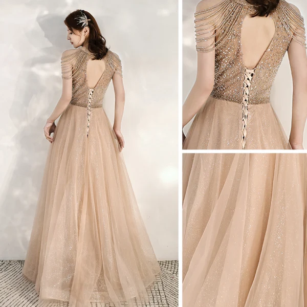 Elegant Gold Evening Dresses  2020 A-Line / Princess Scoop Neck Sleeveless Beading Glitter Tulle Floor-Length / Long Ruffle Backless Formal Dresses